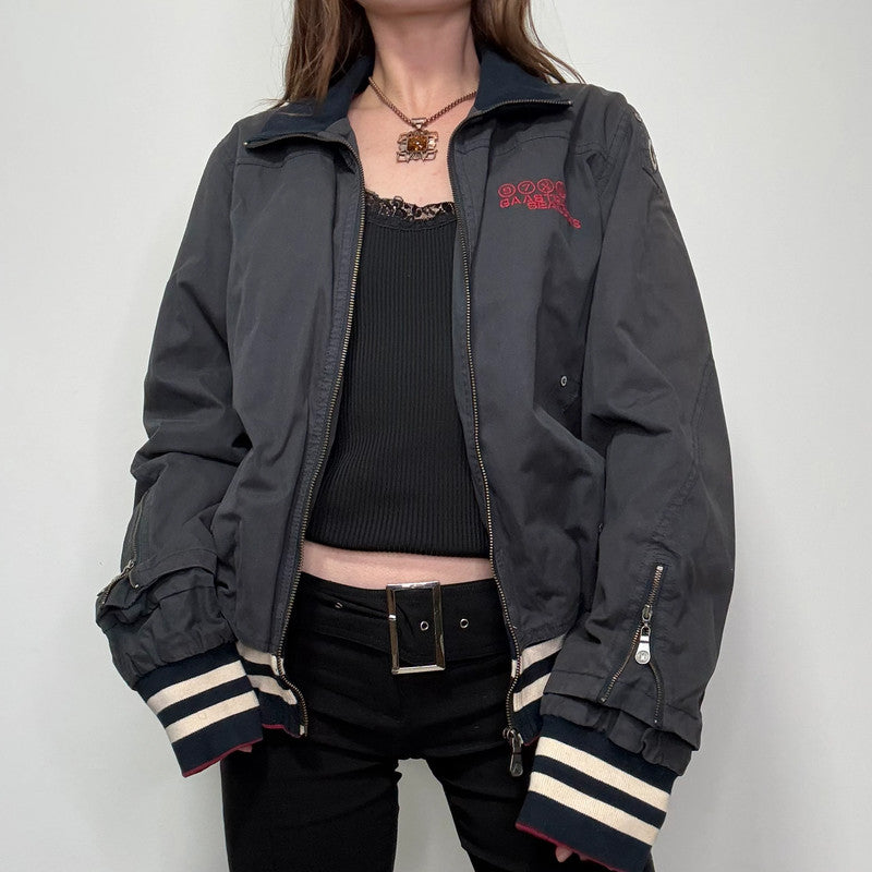 navy bomber jacket, thick striped waistband