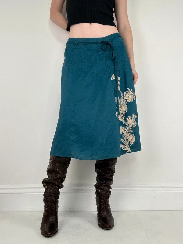 blue linen embroidered wrap lace midi skirt