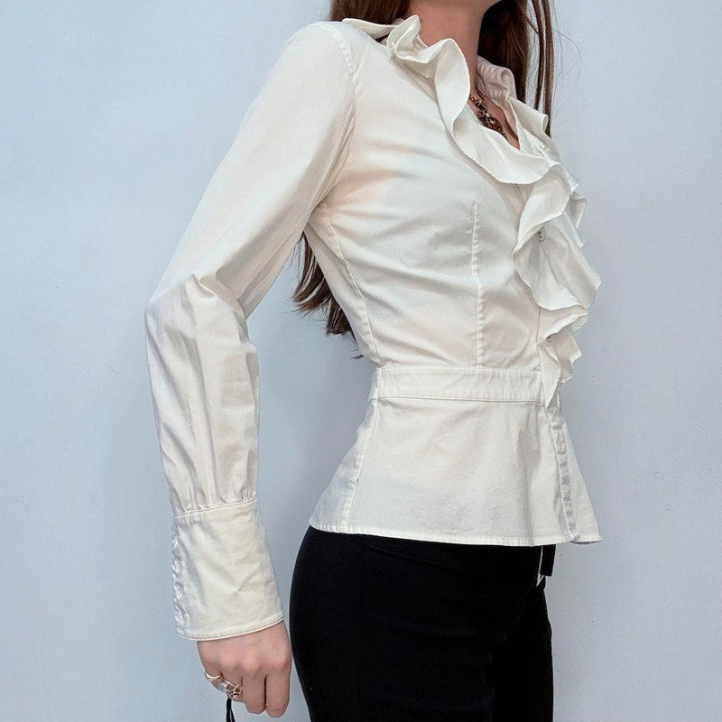 white ruffle fitted shirt