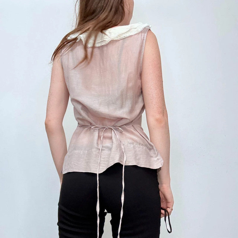 lace ruffle sheer silk cream shirt