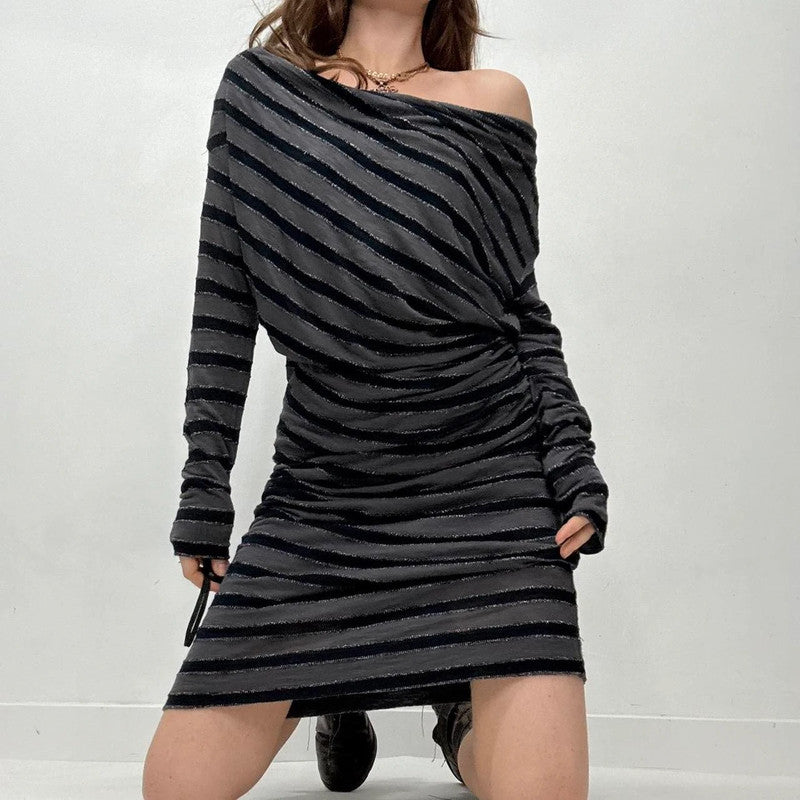 slouchy striped off the shoulder midi dress