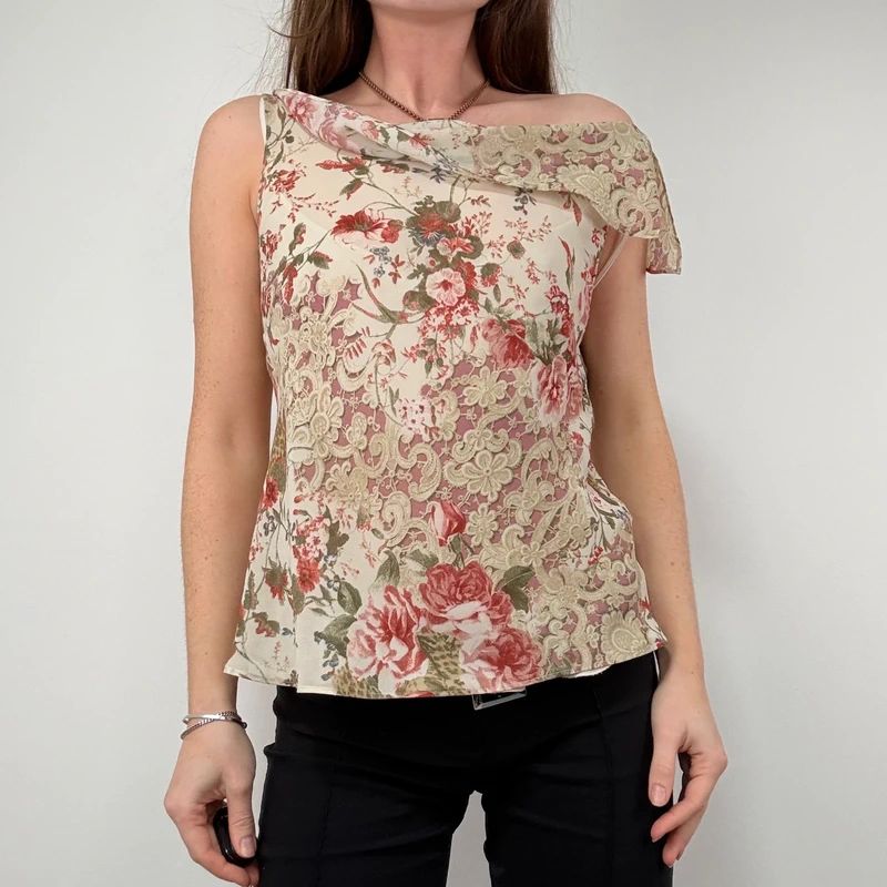 Lace Print cowl neck Drape Vest