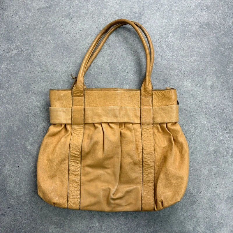 Cream yellow leather knot pleated handbag