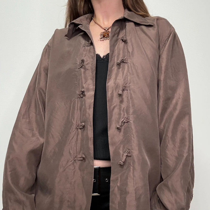 brown silk toggle shirt