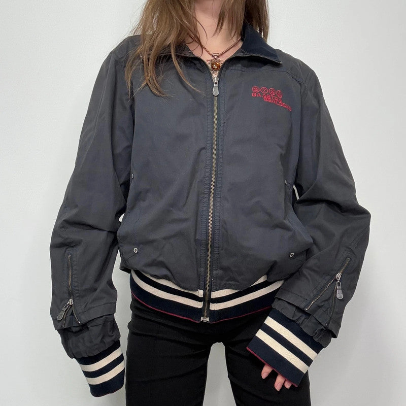 navy bomber jacket, thick striped waistband