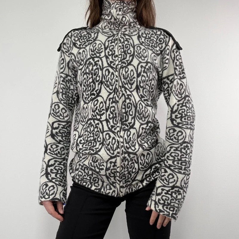black and white slouchy patterned knit jumper, angora zip through funnel neck