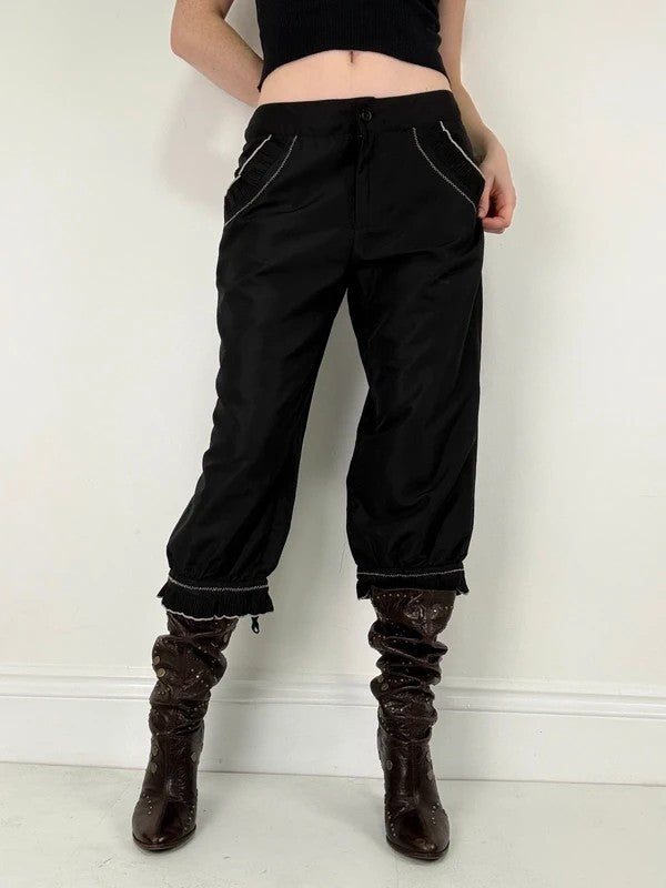 black capri pants pleated ruffle hem trousers