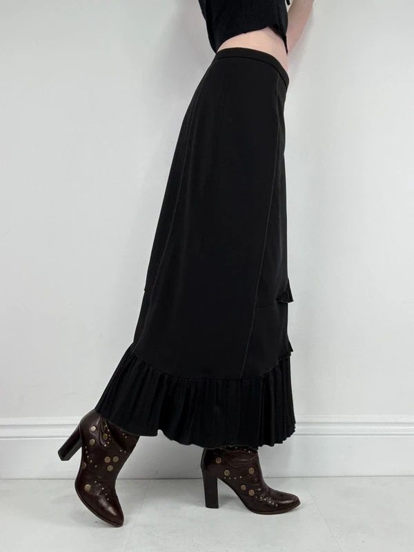 black asymmetric pleated ruffle maxi skirt