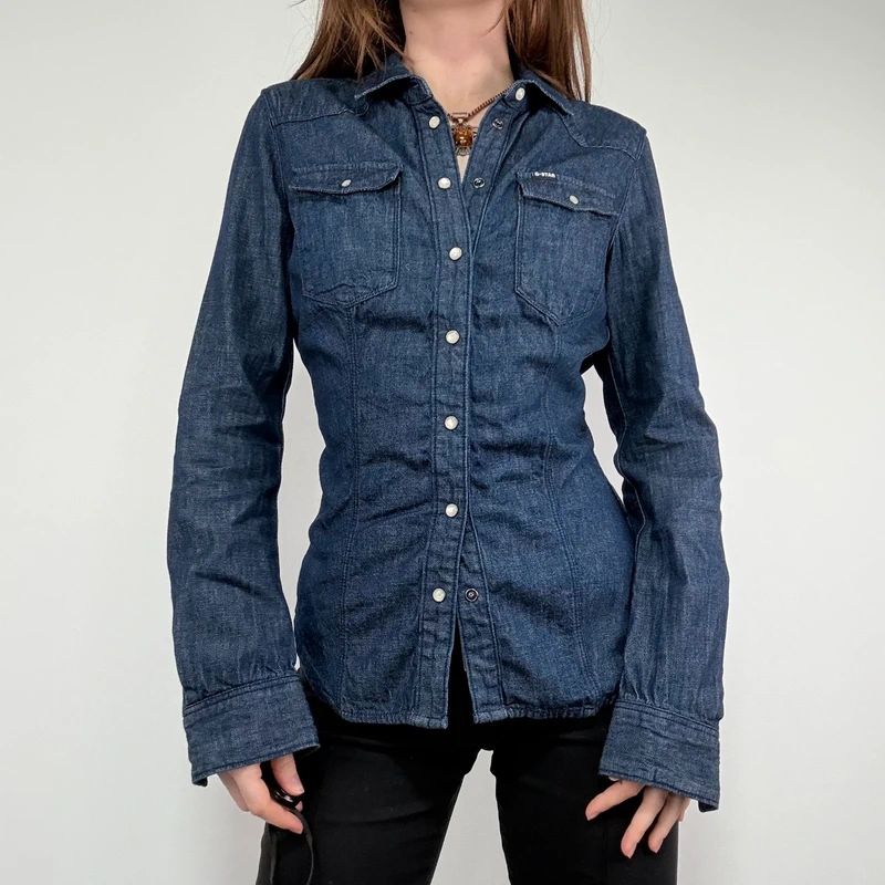 G-star raw dark denim gathered fitted shirt