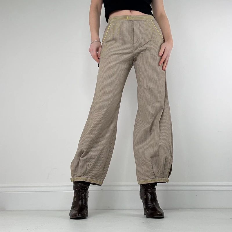 brown pinstripe pleated hem puff cotton trousers