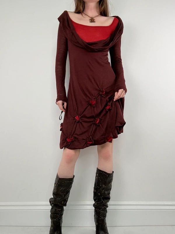 layered cinched long sleeve burgundy flared dress
