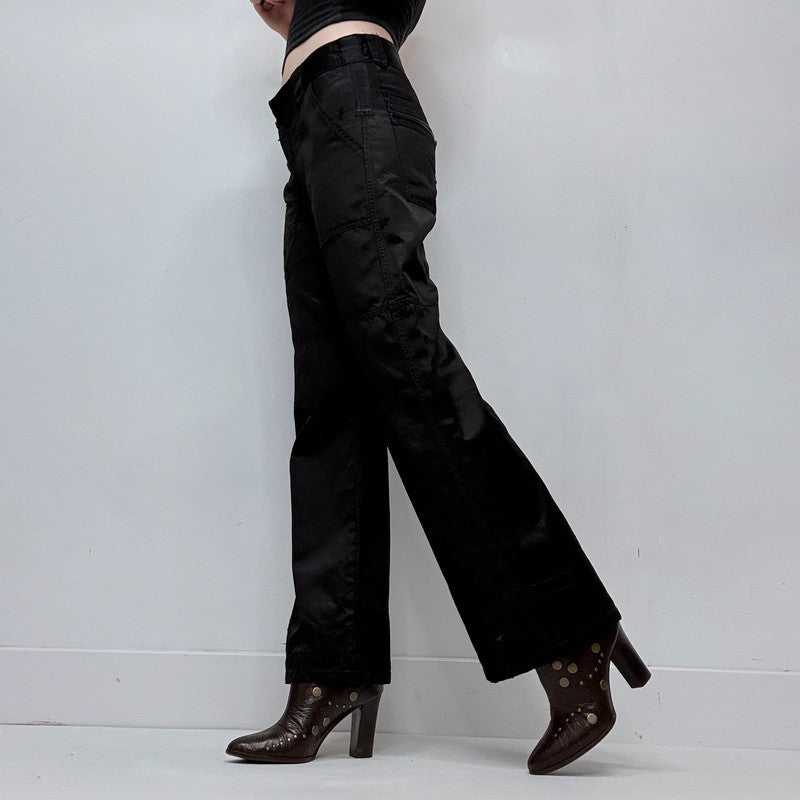 black wide leg flared low rise black satin jeans