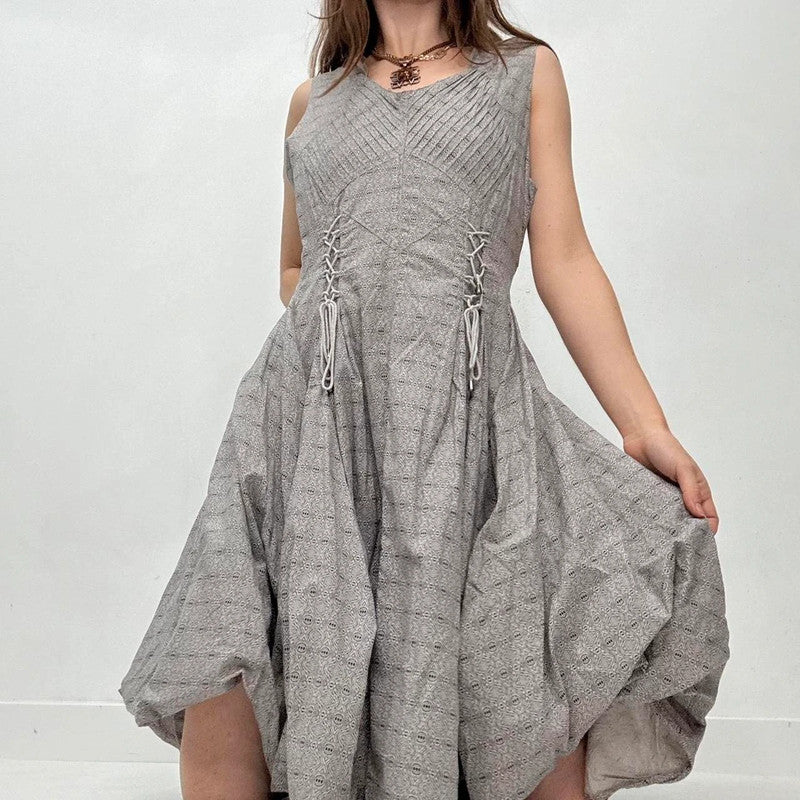 graphic patterned puff gathered balloon dress