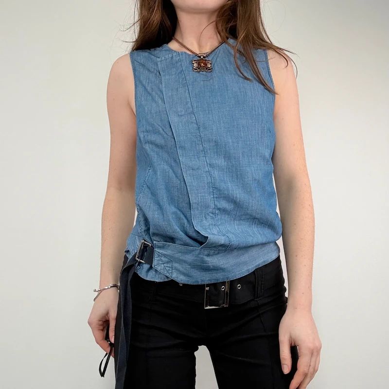distressed denim asymmetric belted vest