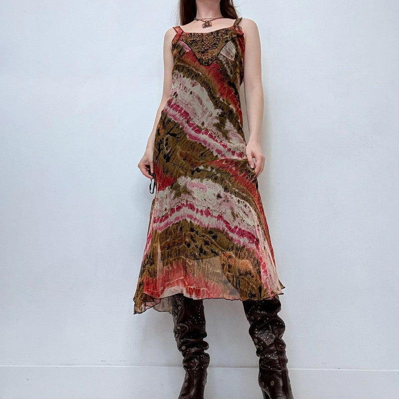 bias cut distressed printed earthy tone midi dress
