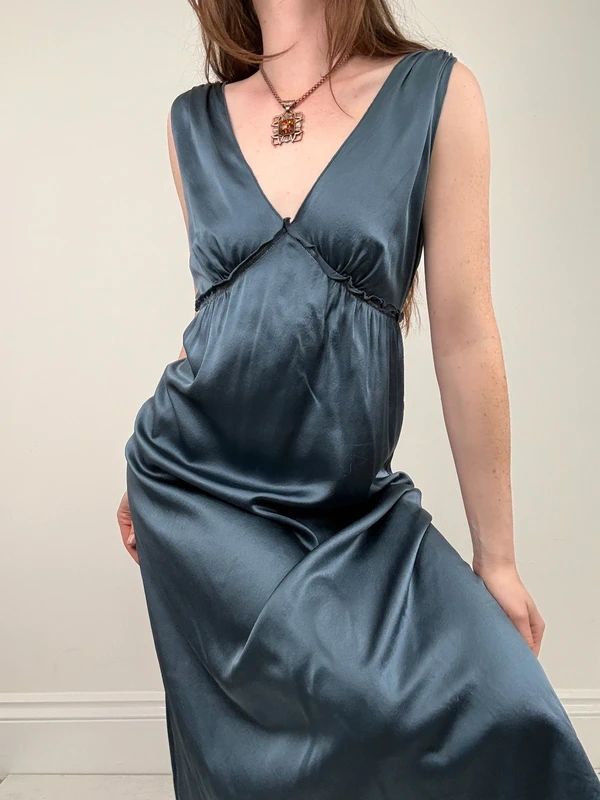 blue silk gathered floaty bias cut midi dress