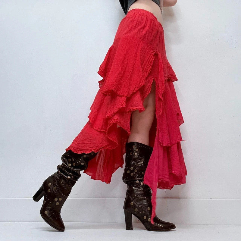 red asymmetric layered maxi skirt