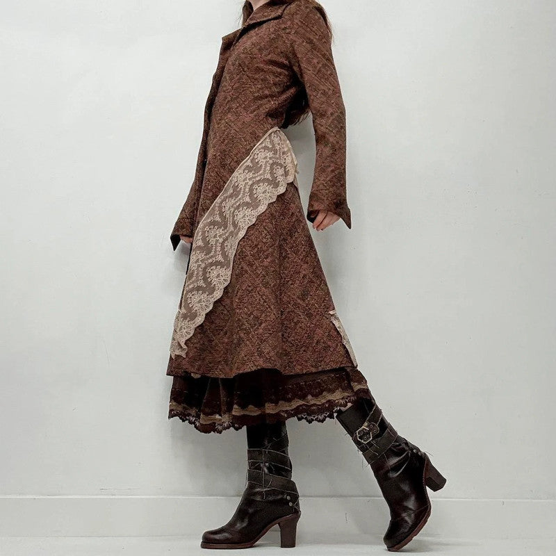 brown lace flared tweed pea coat