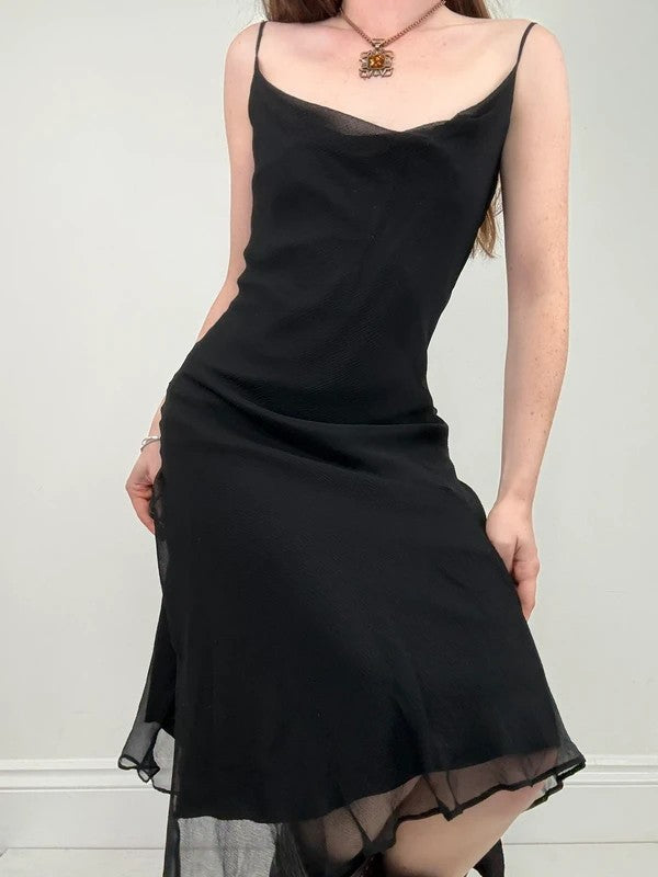 black silk bias cut layered flutter dress
