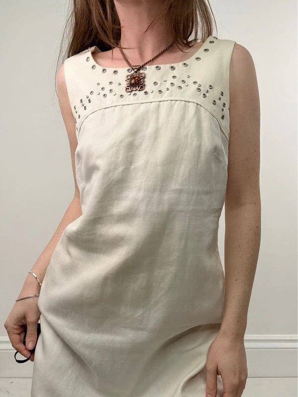 cream cotton linen a-line studded midi dress