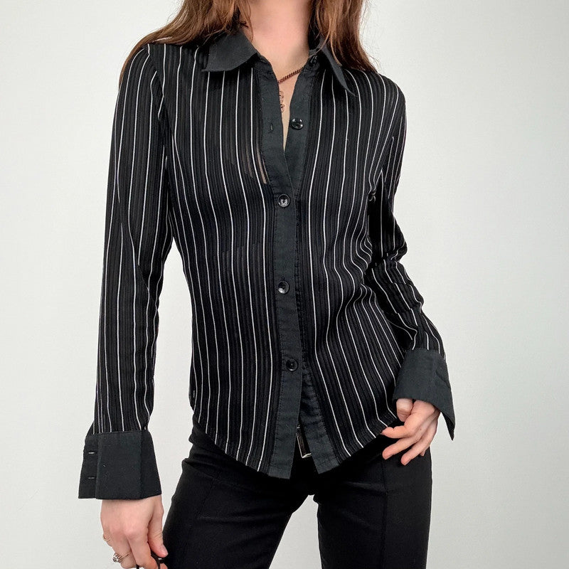 black fitted pinstripe shirt