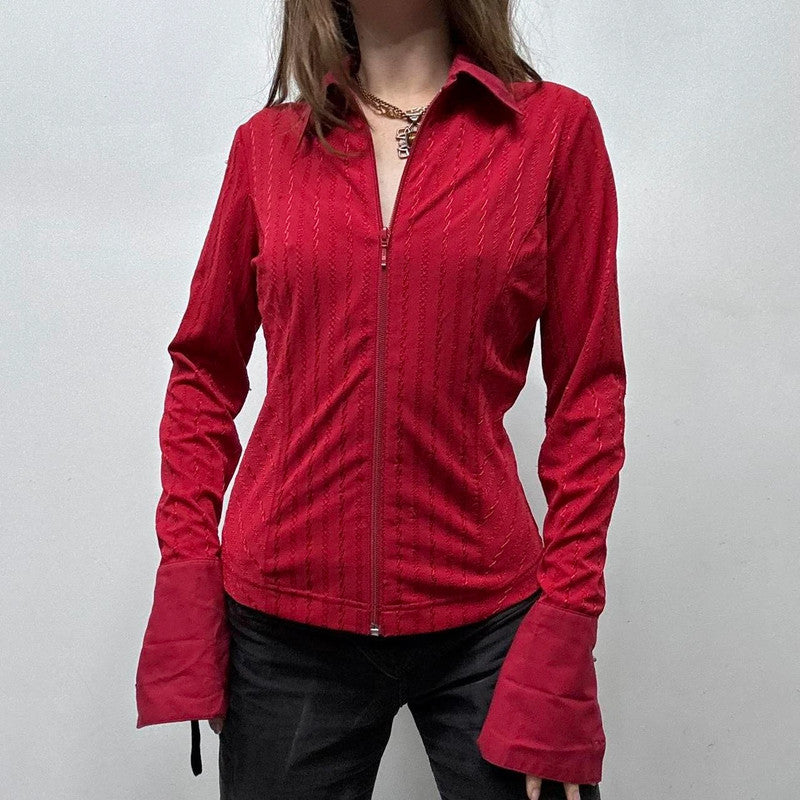 red zip up pinstripe flared shirt