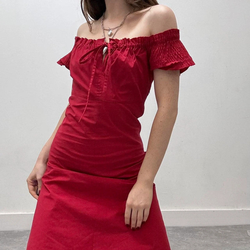 red off-the-shoulder coquette dress