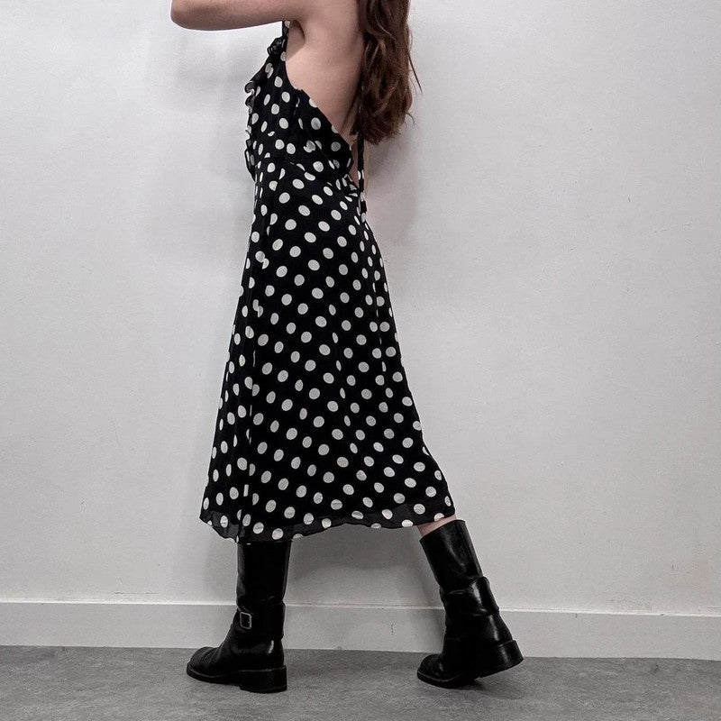 silk polka dot ruffle black and white dress