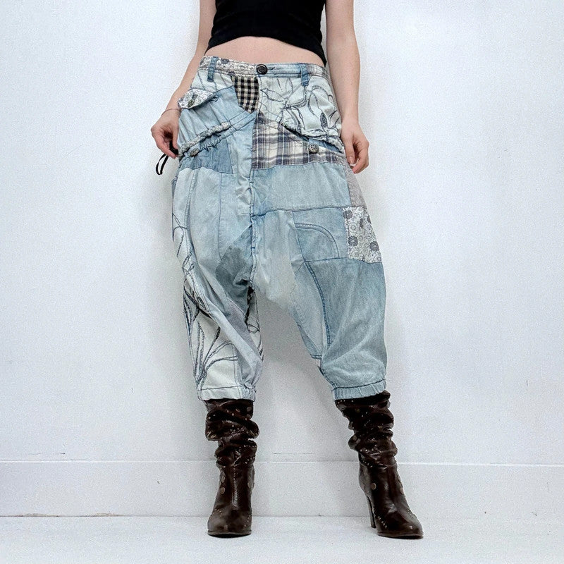 archival grunge patchwork denim puff trousers