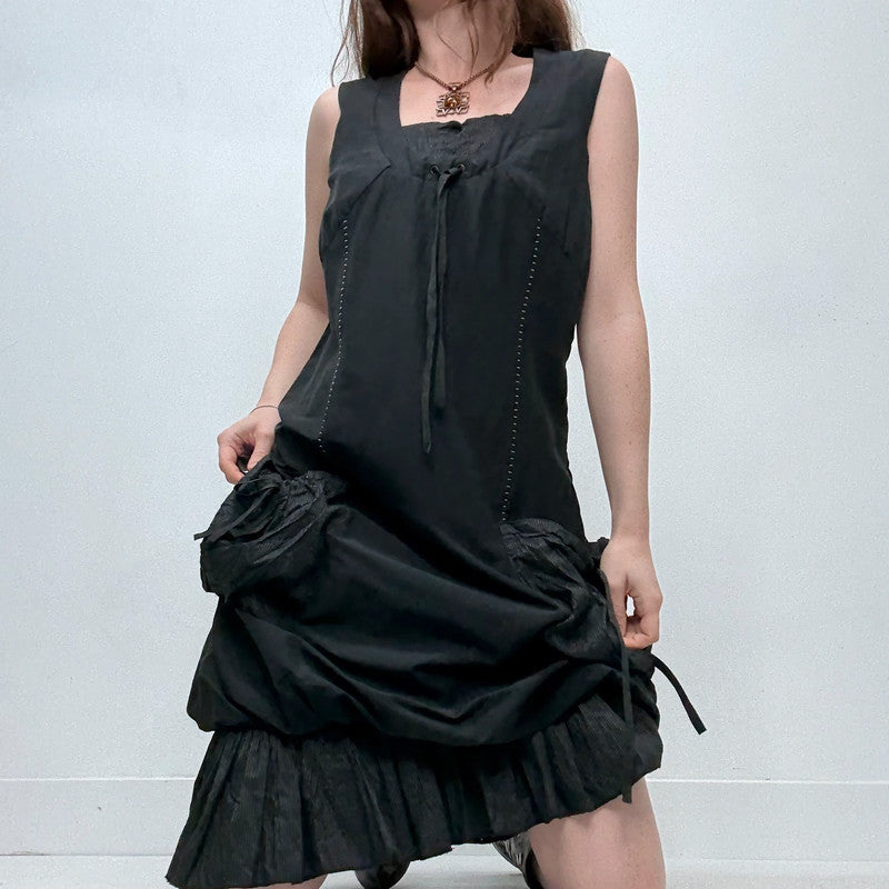 black puff gathered balloon dress