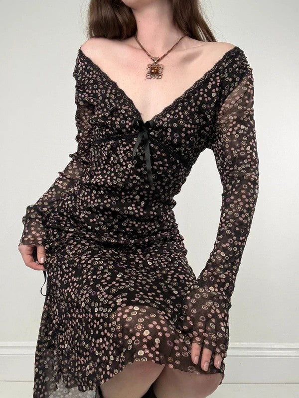 black polkadot long sleeve mesh slouchy dress