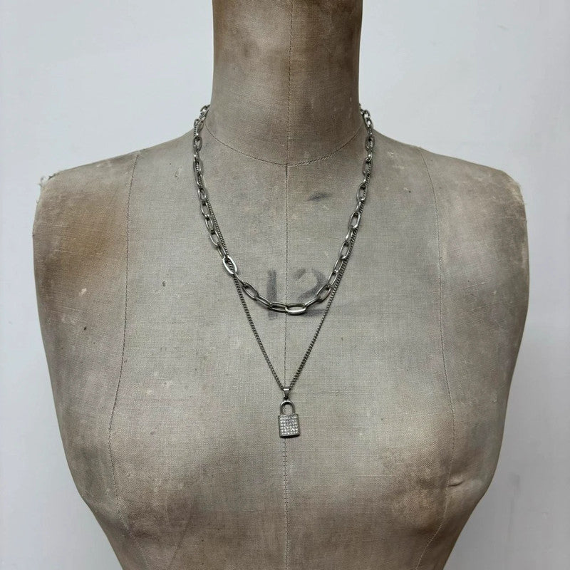 Layered silver padlock necklace