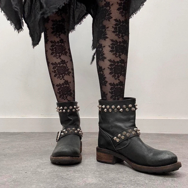 black leather punk studded boots