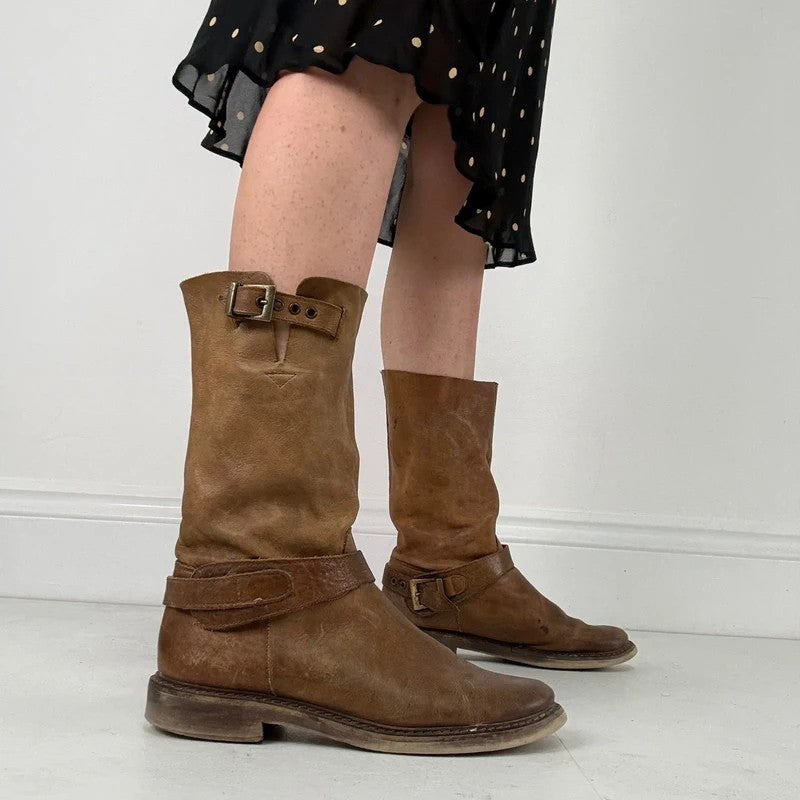 Tan leather buckle biker boots