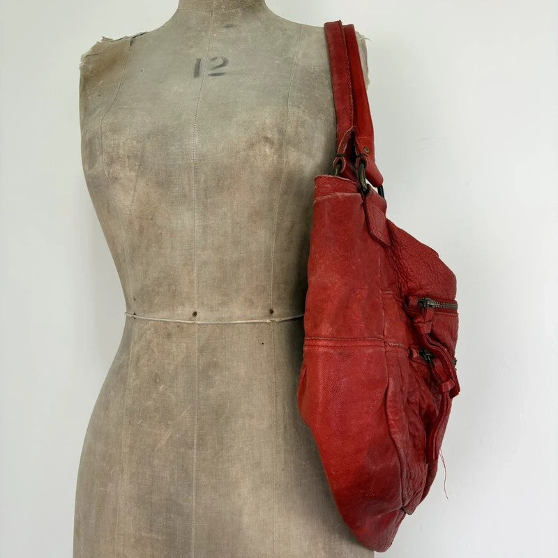 Vintage red leather cargo zipper city handbag