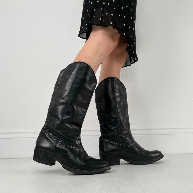 Black leather studded boots