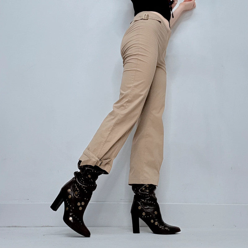 tan flared buckle utility pants