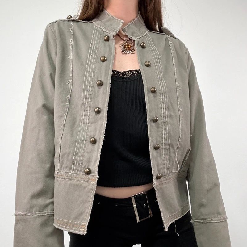 khaki military cotton utility jacket with hook and eyes