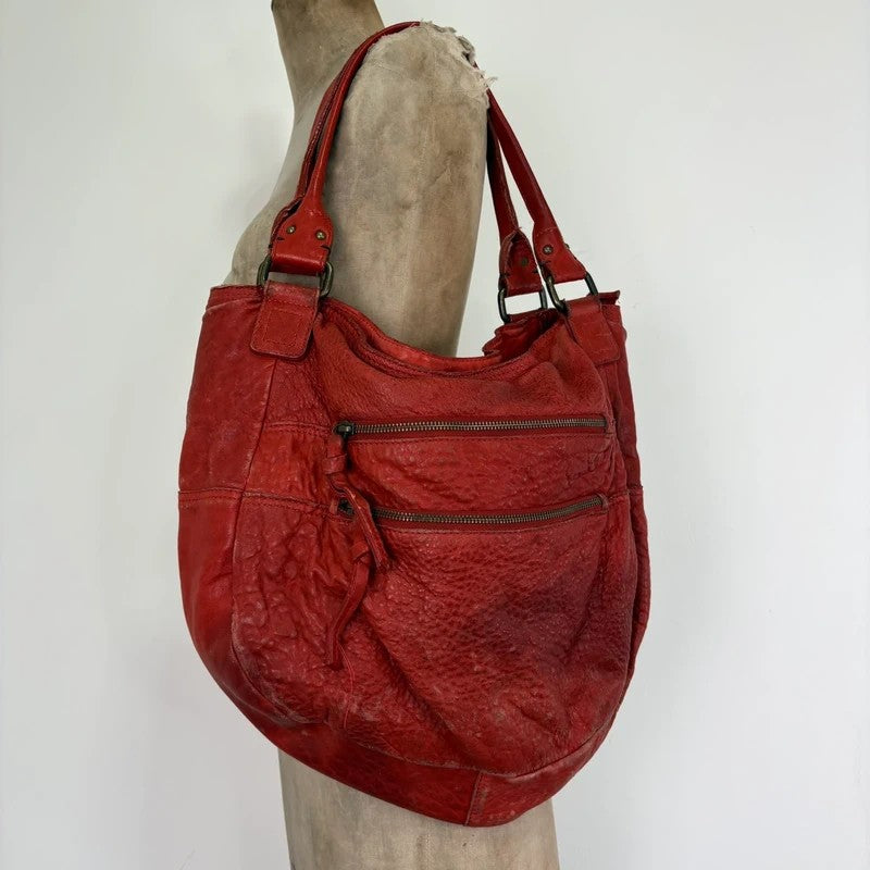 Vintage red leather cargo zipper city handbag