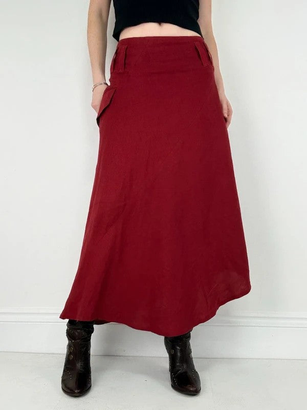 red linen bias cut asymmetric maxi skirt