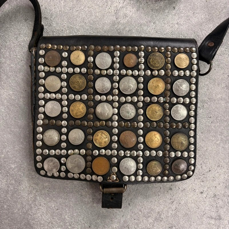 Black leather studded coin bag