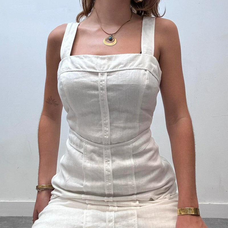 white linen fitted midi dress