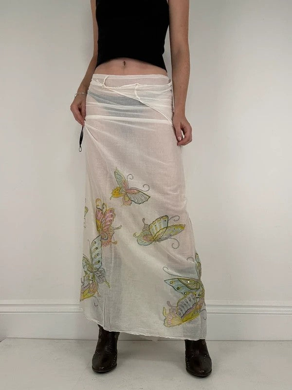 White cotton sheer butterfly summer maxi cover-up