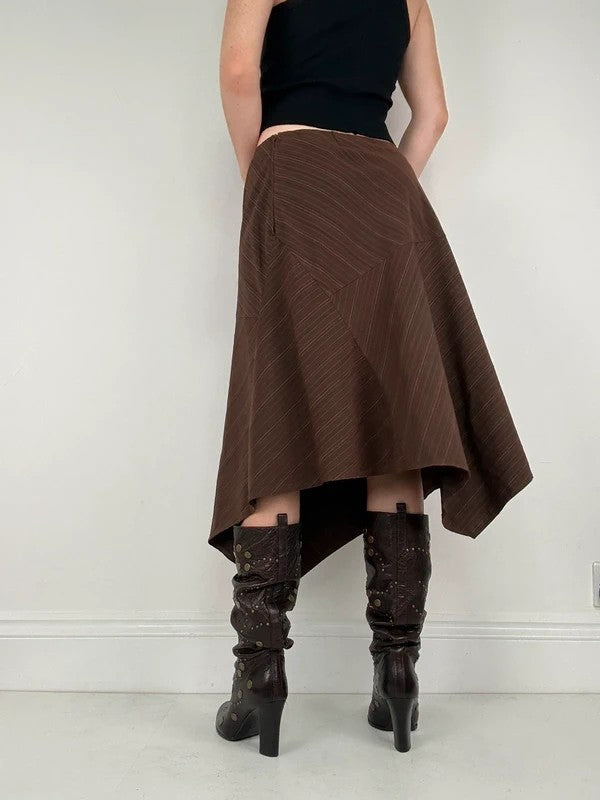 Pinstripe brown asymmetric draped midi skirt
