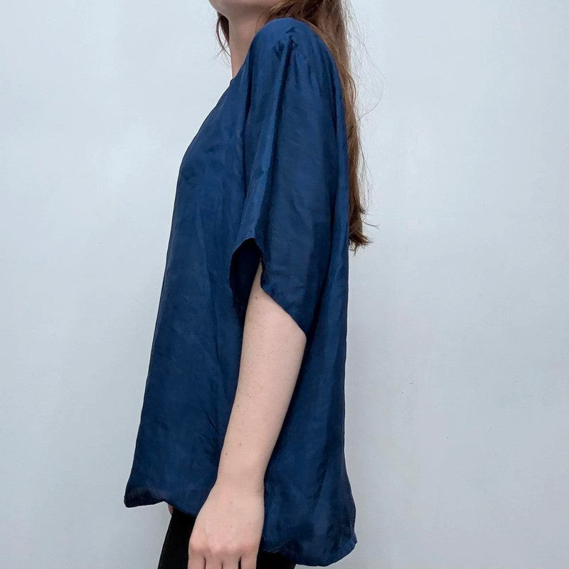 blue silk slouchy top blouse