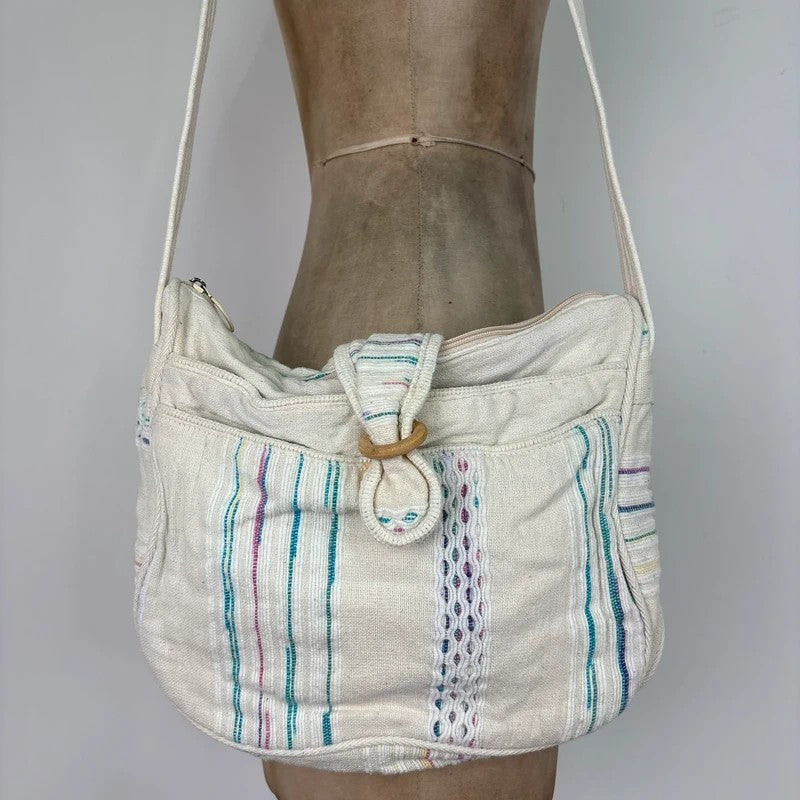 Woven cotton kantha cream crossbody bag