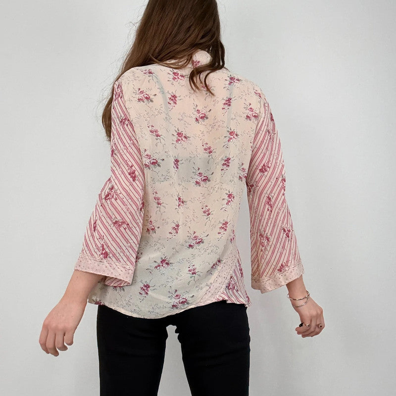 sheer floral flutter pinstripe shirt