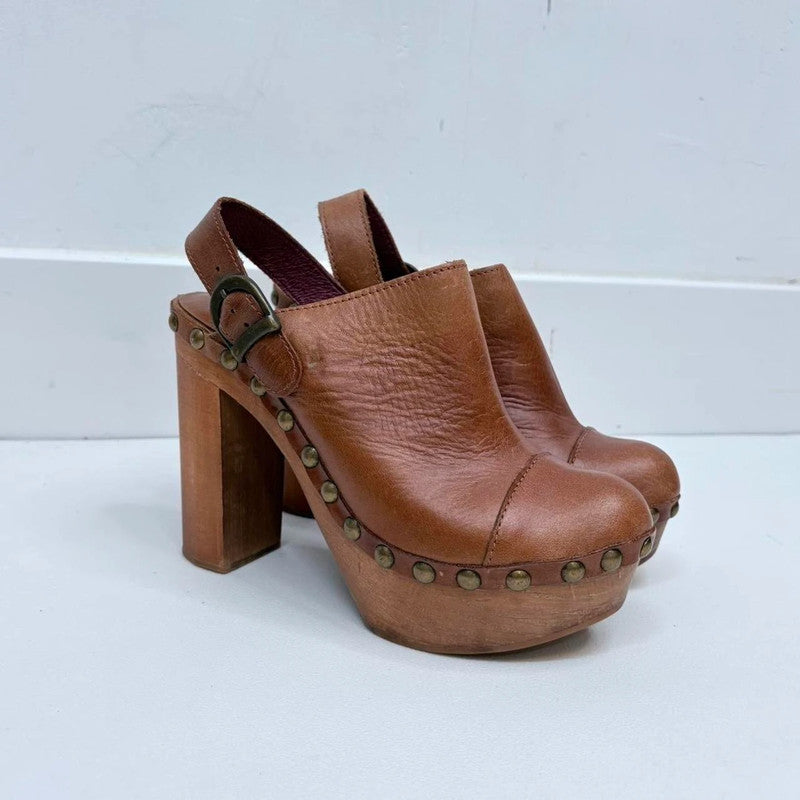 tan leather studded clog heels