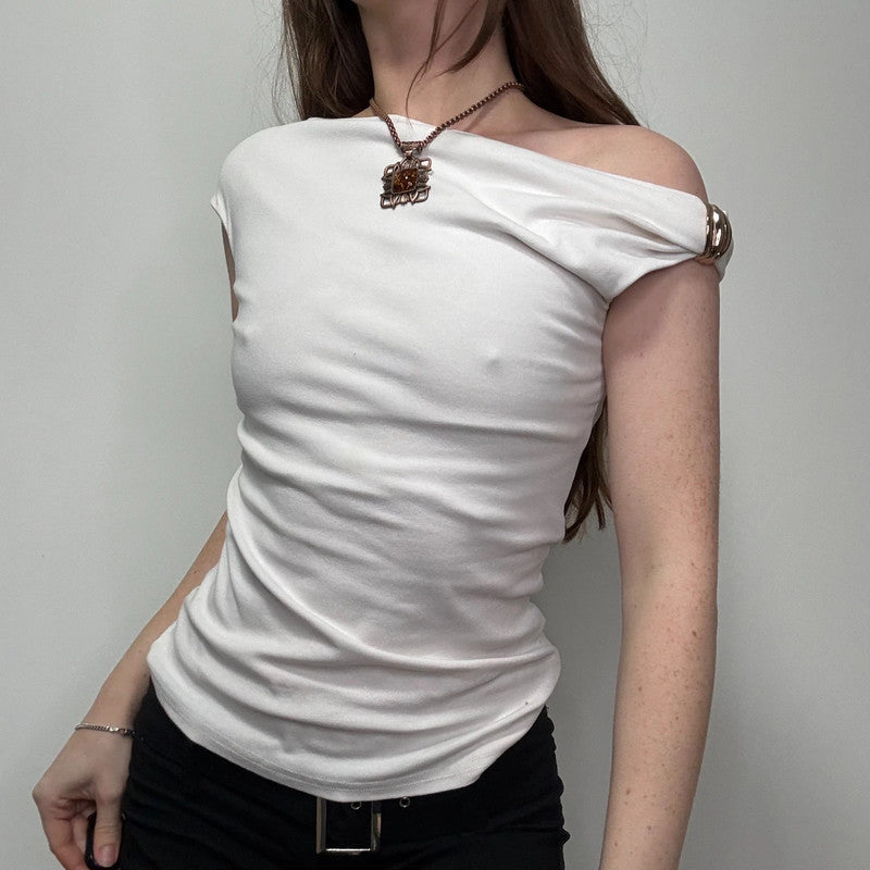 white asymmetric off the shoulder t-shirt