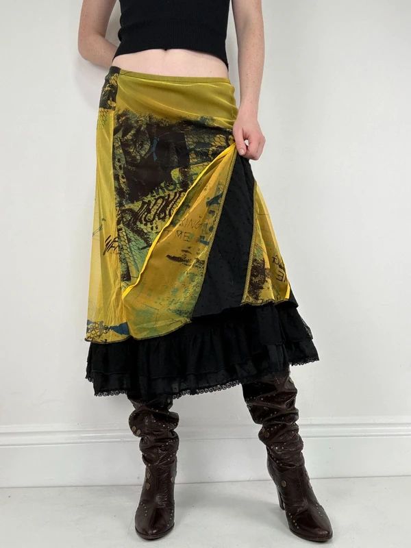 Patchwork graphic mesh layered long skirt